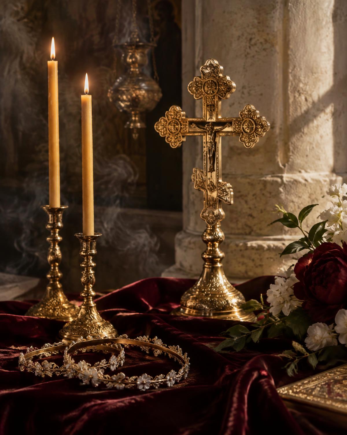 Golden Orthodox cross and candles